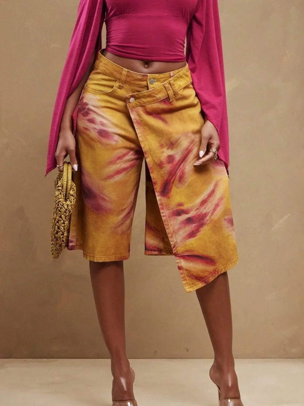 Multicolor Casual Women'sCrossover Tie Dye Skirt Loose Baggy Denim Shorts